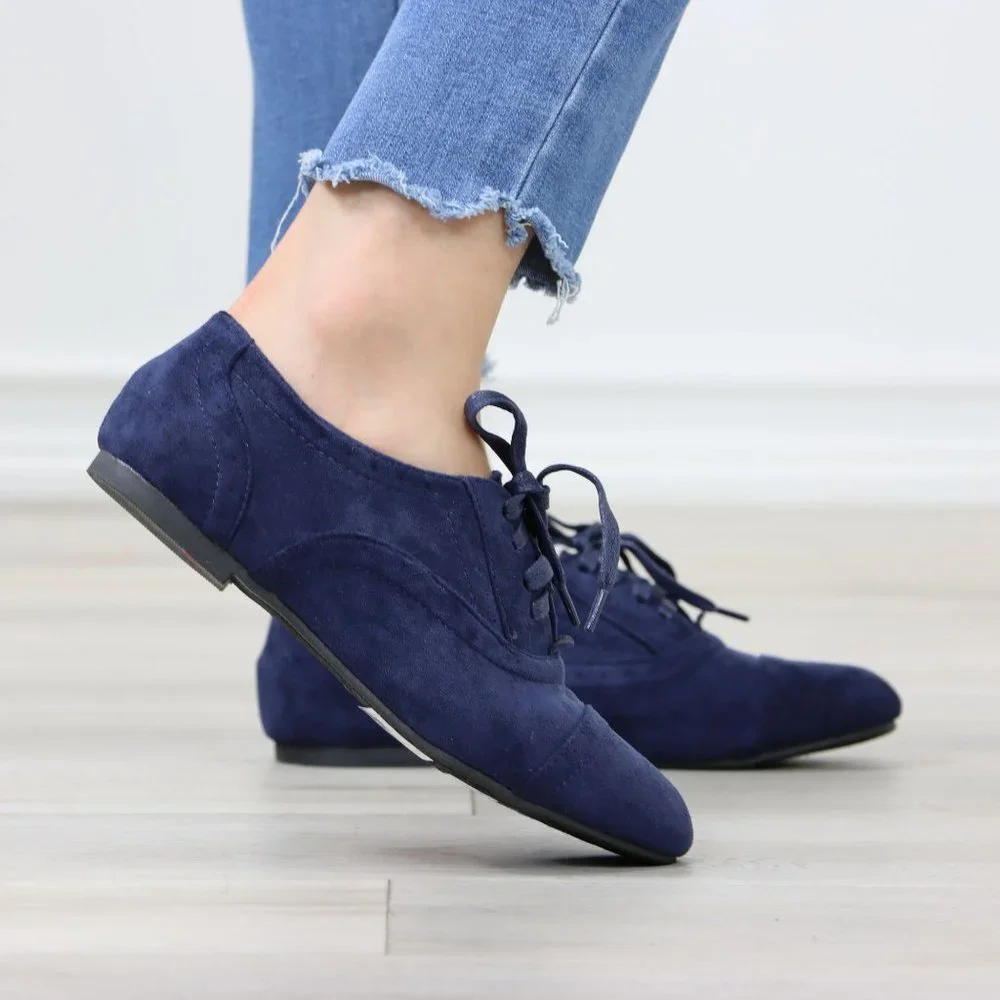 Navy Faux Suede Lace up Oxford Style Shoes Flats - Picture 4 of 12